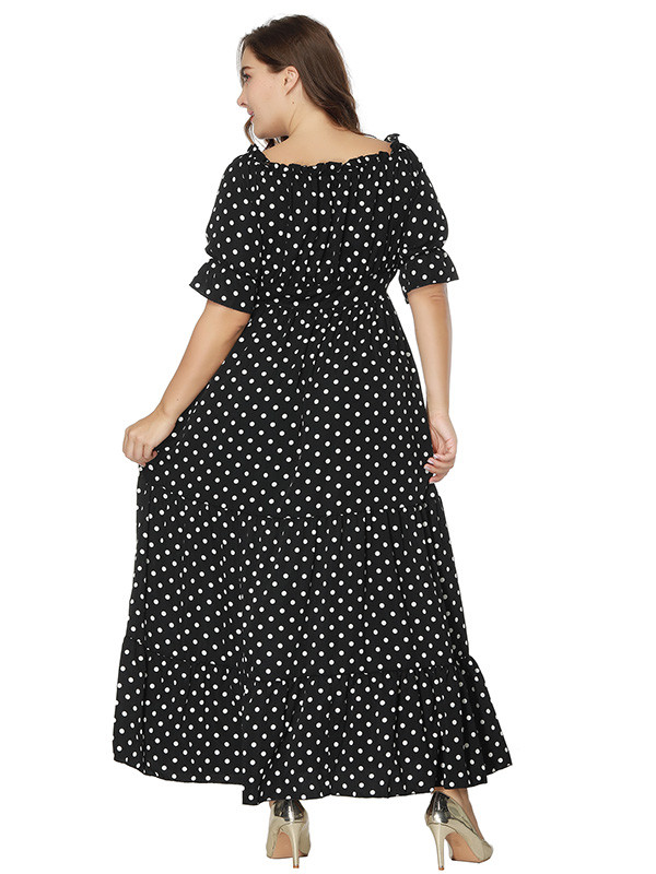 Black Short Sleeve Dot Printed Plus Size Dress