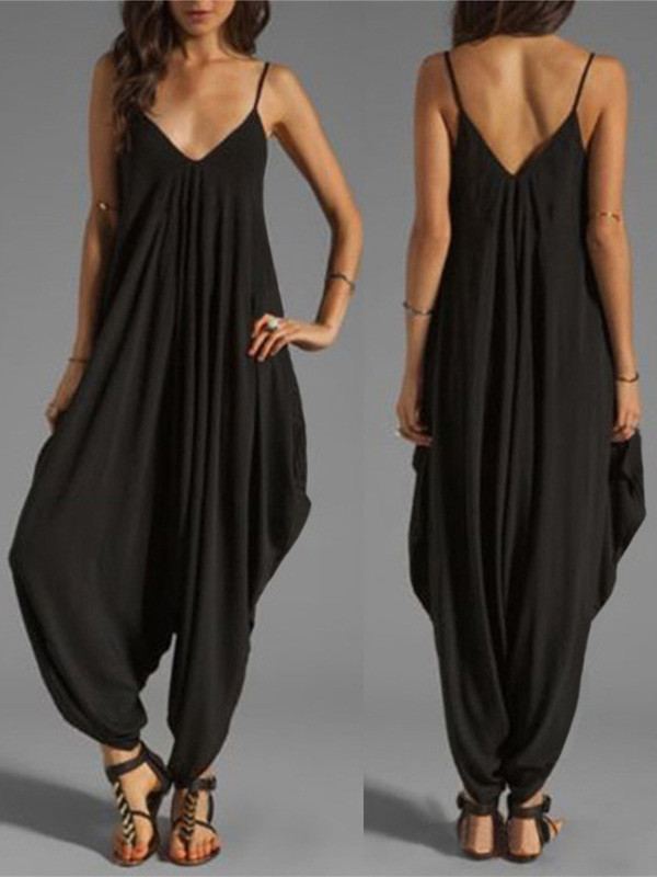 Black Spaghetti Strap V-neck Loose Jumpsuit