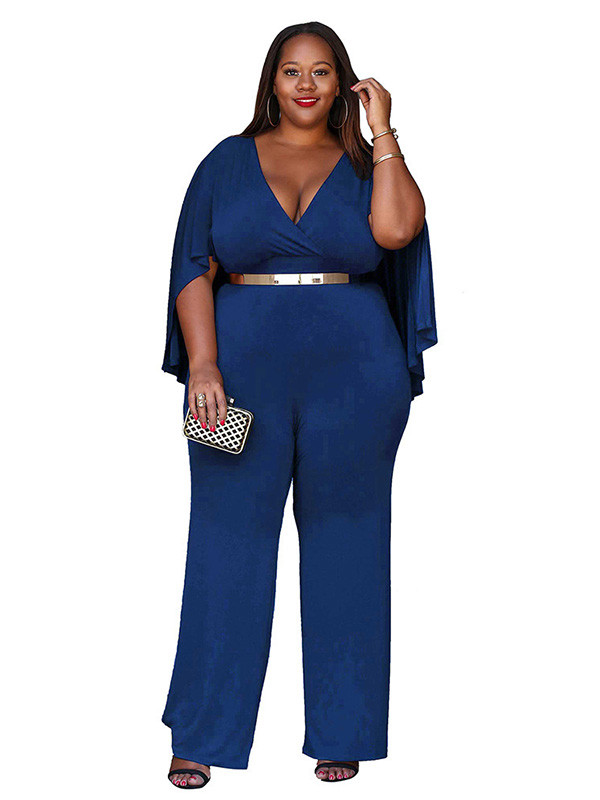 Blue L-3XL Sexy V Neck Plus Size Jumpsuit 