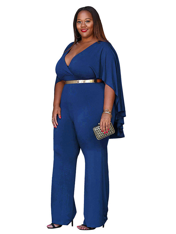 Blue L-3XL Sexy V Neck Plus Size Jumpsuit 