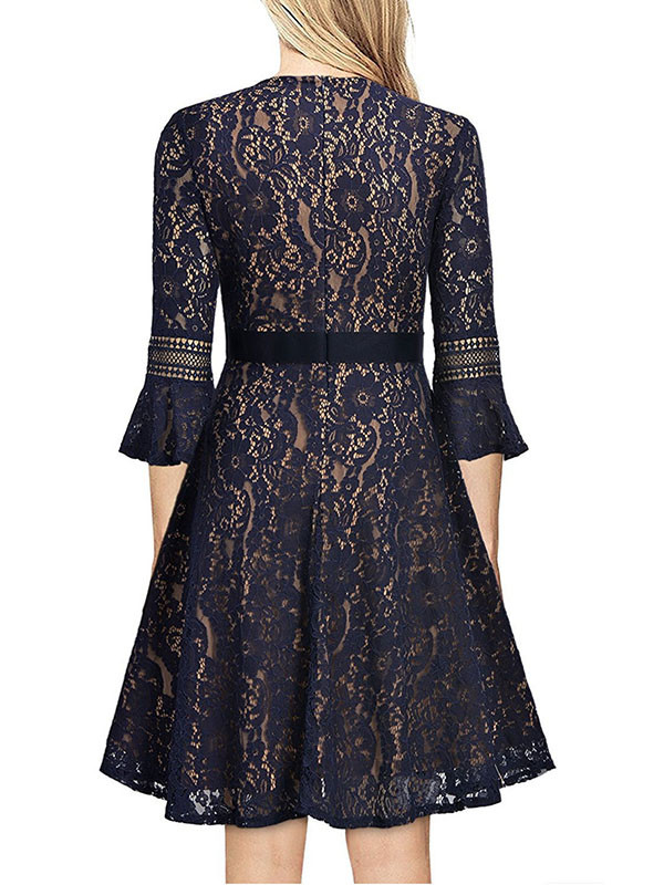 Blue S-XXL Fashion Floral Printed Lace Dress