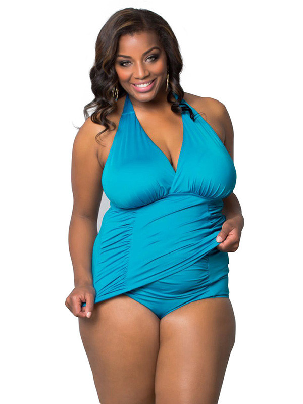 Blue Sexy Halter Plus Size Swimwear