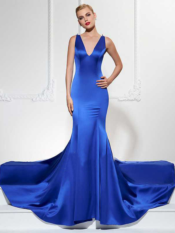 Blue Sexy V Neck Mermaid Evening Dress