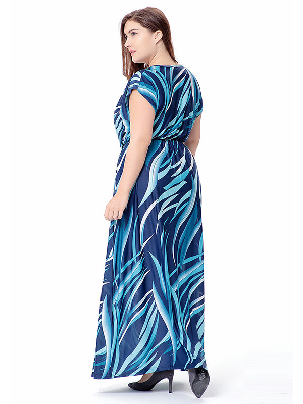 Blue Short Sleeve Plus Size Floral Maxi Dress