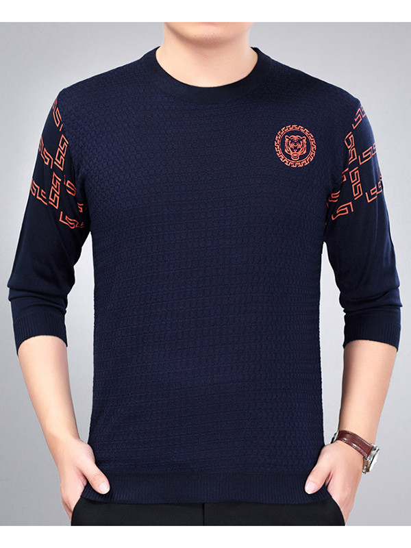 Dark Blue Round Neck Long Sleeve T-Shirt