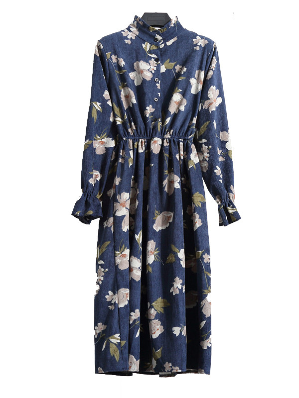 Dark Blue Stand Collar Long Sleeve Dress