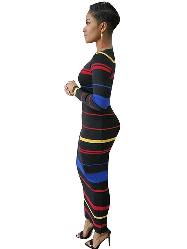 Fashion Round Neck Stripe Printed Black Maxi Dress