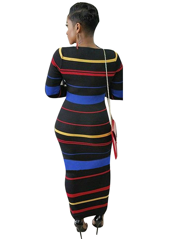 Fashion Round Neck Stripe Printed Black Maxi Dress