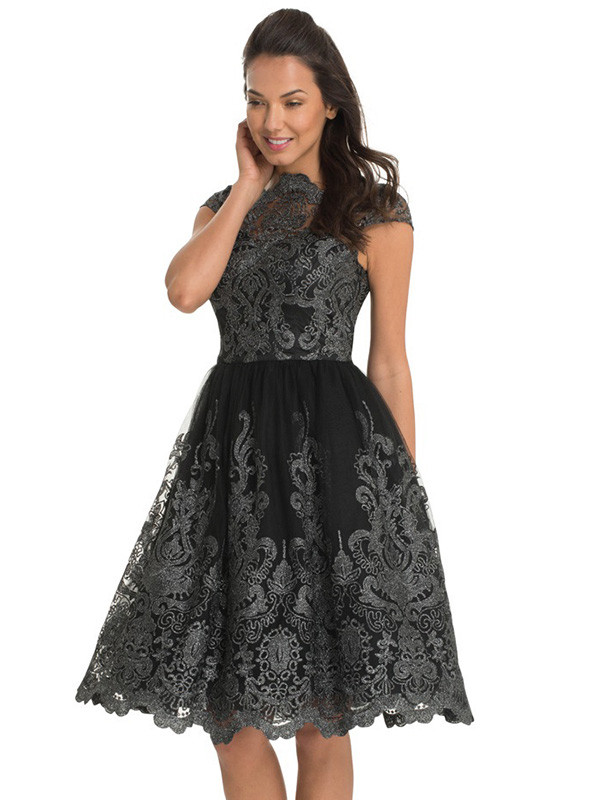 Fashion S-XL Short Sleeve Printed Lace Dress