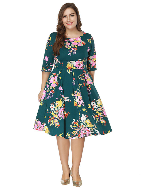 Green Long Sleeve Floral Printed Plus Size Dress