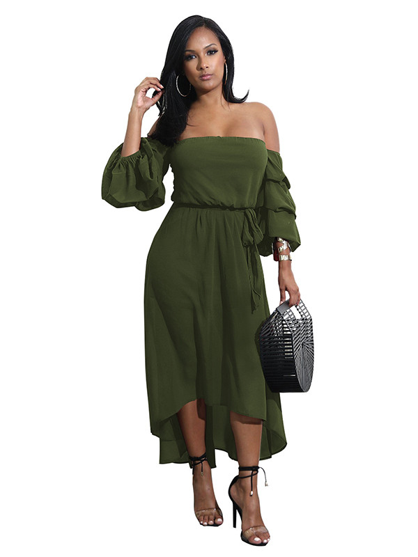 Green Off Shoulder Asymmetric Hem Dress 