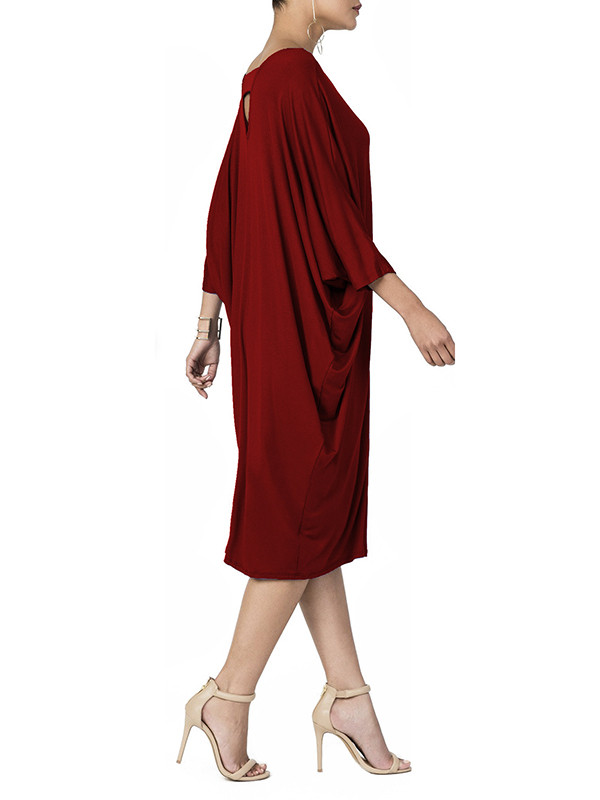 Leisure Round Neck Hollow-out Wine Red Polyester Dress