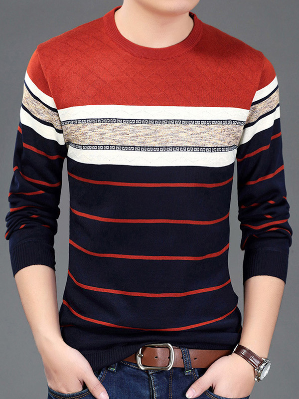 Orange Round Neck Long Sleeve Patchwork T-Shirt