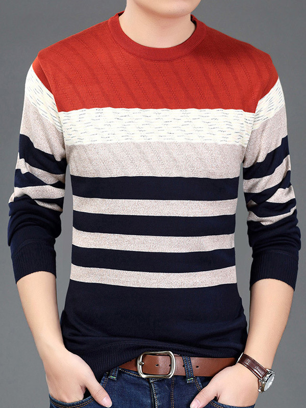 Orange Round Neck Striped Printed T-Shirt