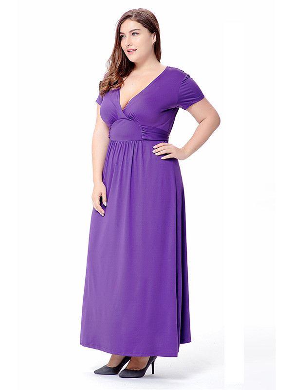 Purple Sexy V Neck Short Sleeve Plus Size Dress