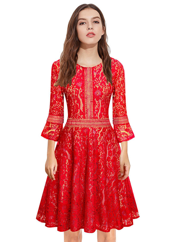 Red S-XXL Fashion Floral Printed Lace Dress