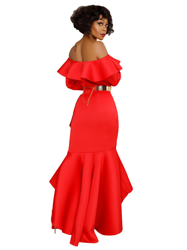 Red Sexy Bateau Neck Falbala Design Dress