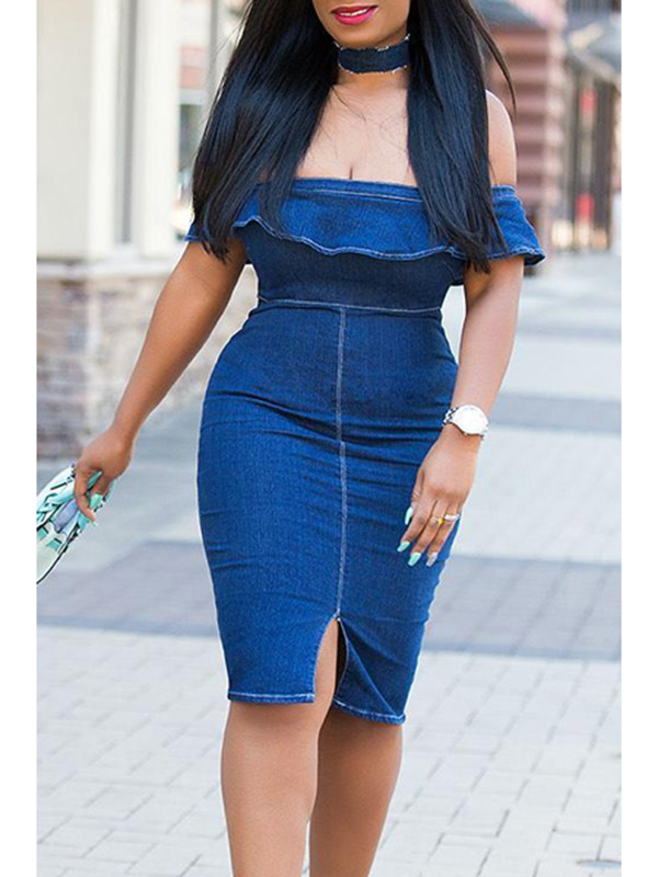 Stylish Dew Shoulder Falbala Design Blue Denim Dress