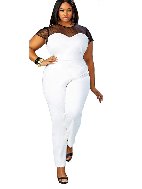 White L-4XL Mesh Short Sleeve Plus Size Jumpsuit