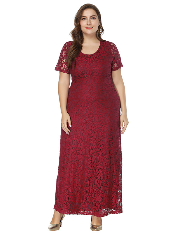 Wine Red Floral Printed Chiffon Plus Size Dress