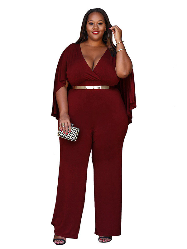 Wine Red L-3XL Sexy V Neck Plus Size Jumpsuit 