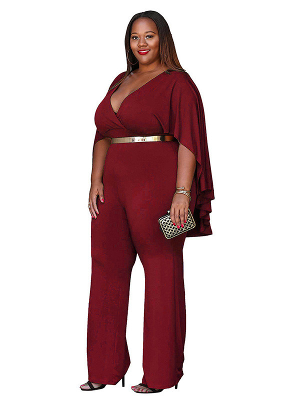 Wine Red L-3XL Sexy V Neck Plus Size Jumpsuit 