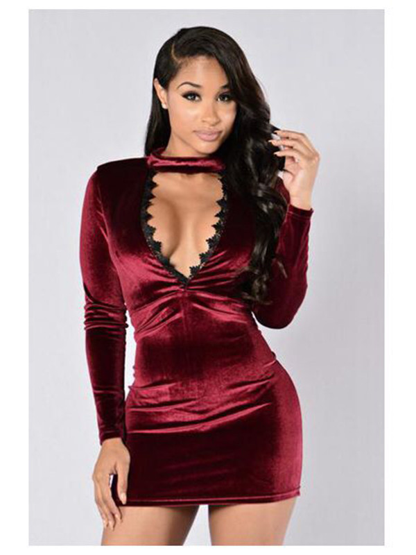 Wine Red Lace Trim Patchwork Dress