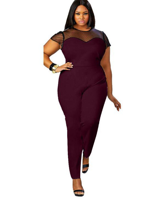 Wine Red Mesh Short Sleeve Plus Size Jumpsuit