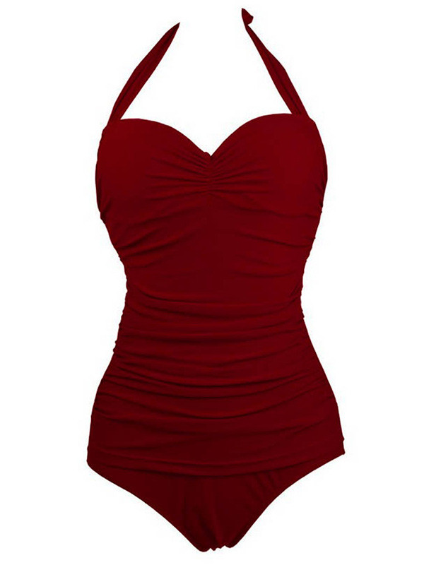 Wine Red One Piece Halter Slim Fit Swimsuit