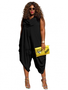 Black Heaps Collar Ruched Plus Size Jumpsuit