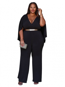 Black L-3XL Sexy V Neck Plus Size Jumpsuit 