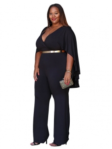 Black L-3XL Sexy V Neck Plus Size Jumpsuit 