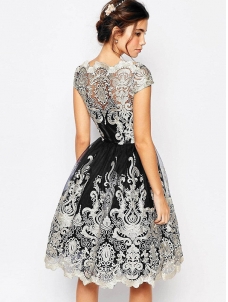 Black S-XL Short Sleeve Printed Lace Dress