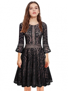 Black S-XXL Fashion Floral Printed Lace Dress
