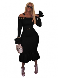 Black Sexy Bateau Neck Falbala Design Dress