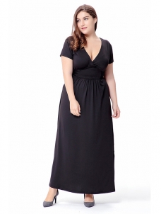 Black Sexy V Neck Short Sleeve Plus Size Dress