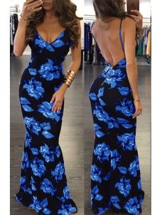 Blue S-XXL Floral Print Sleeveless Long Dress