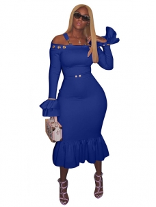 Blue Sexy Bateau Neck Falbala Design Dress