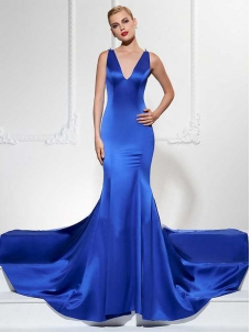 Blue Sexy V Neck Mermaid Evening Dress