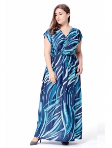 Blue Short Sleeve Plus Size Floral Maxi Dress