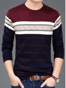 Brown Round Neck Long Sleeve Patchwork T-Shirt