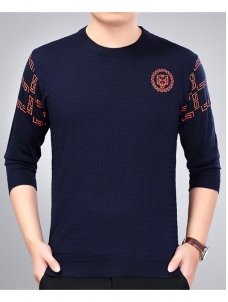 Dark Blue Round Neck Long Sleeve T-Shirt