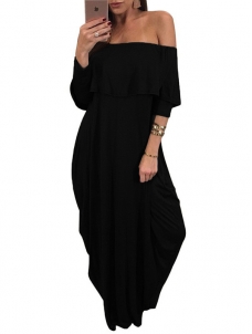 Fashion Dew Shoulder Falbala Design Black Maxi Dress