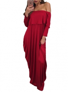 Fashion Dew Shoulder Falbala Design Red Maxi Dress