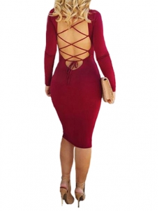 Fashion O Neck Backless Red Spandex Dress