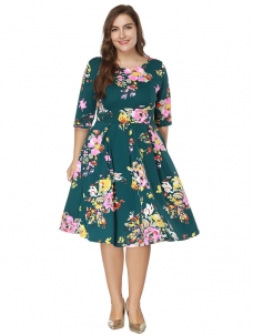 Green Long Sleeve Floral Printed Plus Size Dress