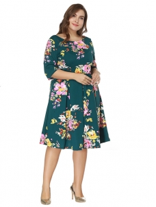 Green Long Sleeve Floral Printed Plus Size Dress