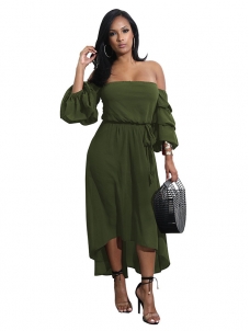 Green Off Shoulder Asymmetric Hem Dress 