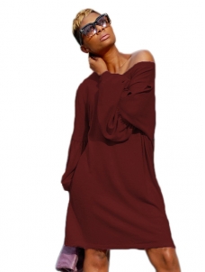 Leisure Dew Shoulder Wine Red Cotton Dress