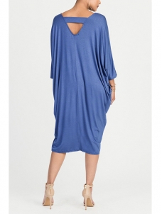 Leisure Round Neck Hollow-out Blue Polyester Dress